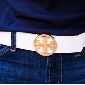 Tory Burch White Belt with Gold Logo Buckle
